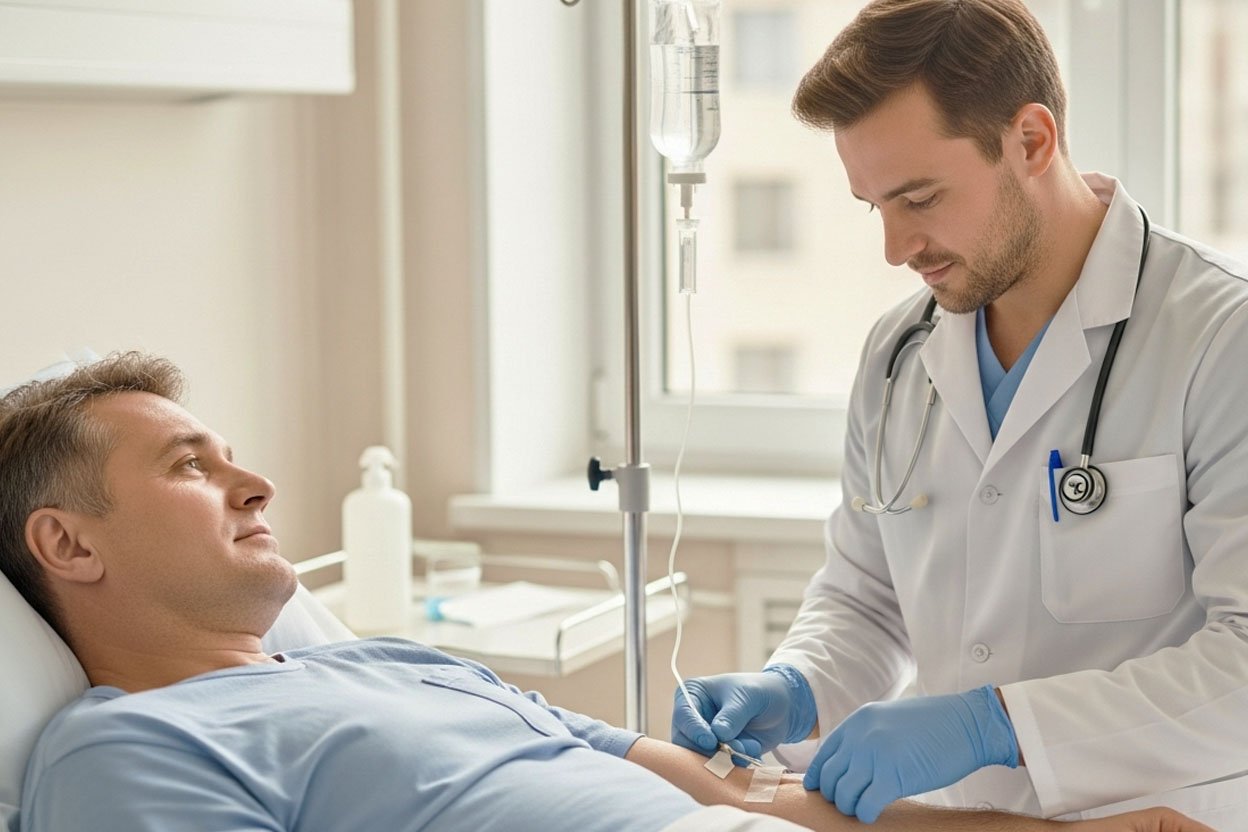 Комбинированная очистка организма Врач ставит капельницу пациенту